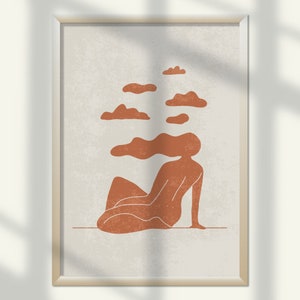 Positive Headspace | Woman Silhouette Meditating with Clouds | Terracotta Wall Art | Japandi & Wabi Sabi Wall Art | Digital Download