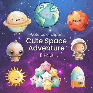 Cute Space Adventure Watercolor Illustration Clipart, 11 Transparent PNG, Digital crafting | astronaut, planets, rocket, stars, alien