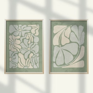 Japandi Abstract Sage Green Floral Bundle Set of 2 Printable Art | Japandi & Wabi Sabi Wall Art, Modern Print Set, Botanical Poster
