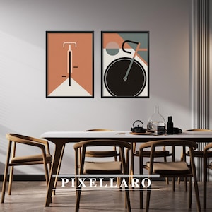 Bauhaus Minimal Bicycle Bundle Set di 2 arte stampabile/set di stampe in terracotta, set di poster scandinavi, arte della parete Japandi, colori tenui
