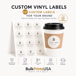 Etiquetas de vinil personalizadas de 2,5 polegadas, adesivos com logotipo à prova d'água para copos de café, pacote com 1.000 unidades.