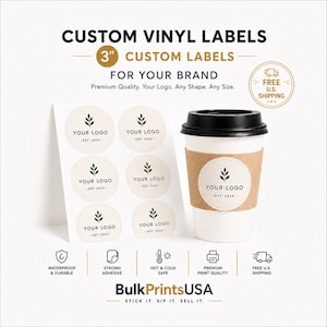 3" Custom Vinyl Labels, Waterproof Logo Stickers for Coffee Cups, Bulk 1,000 Pieces