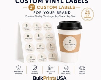 2" Custom Vinyl Labels, Waterproof Logo Stickers for Coffee Cups, Bulk 1,000 Pieces