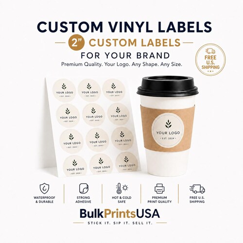 2" Custom Vinyl Labels, Waterproof Logo Stickers for Coffee Cups, Bulk 1,000 Pieces