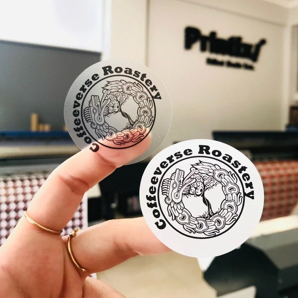 1.5" Custom Vinyl Coffee Labels | 1000pcs | Clear & White | Bulk Personalized Logo Stickers for Take Away Cups | Waterproof