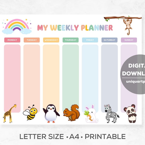 Weekly Schedule for Kids Printable, Homeschool Weekly Schedule, Weekly Planner Animals, Kids Week Schedule, Week School Schedule, Rainbow