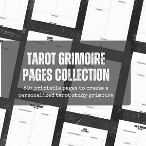 Puede incluir: Una imagen en blanco y negro de páginas de grimorio de tarot imprimibles. El texto "Tarot Grimoire Pages Collection" está en negrita, con una fuente desgastada. El texto "80+ páginas imprimibles para crear un grimorio de estudio de tarot personalizado" está debajo del título.