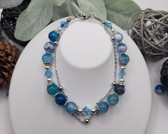 Bracelet Agate Blue Fire Agate and Crystal Handmade Beaded Bracelet