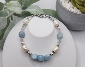 Bracelet Aquamarine Pearl and Czech Crystal Handmade Beaded Bracelet