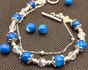 Bracelet Agate Blue Stripe Agate and Crystal Handmade Beaded Bracelet