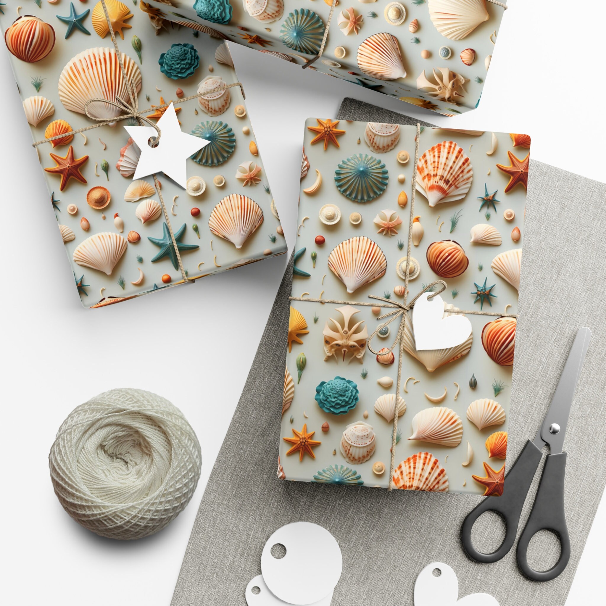 CUXWEOT Gift Wrapping Paper Beach Starfish Seashell for  Christmas,Birthday,Holiday,Wedding,Gifts Packing - 3Rolls - 58 x 23inch Per  Roll