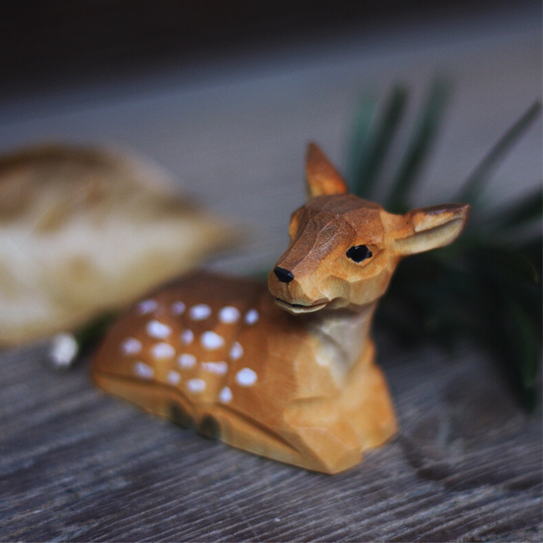 Wooden Deer Statue Handmade Sculpture Animal, Small Raindeer Carving