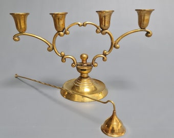 Candelabro antiguo de latón, candelabro de latón de cuatro brazos con apagavelas