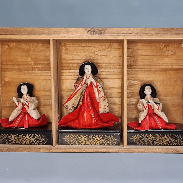 Set of three authentic Japanese Hina dolls  ("Hinamatsuri Doll") in original wooden box with brand label from Tokyo