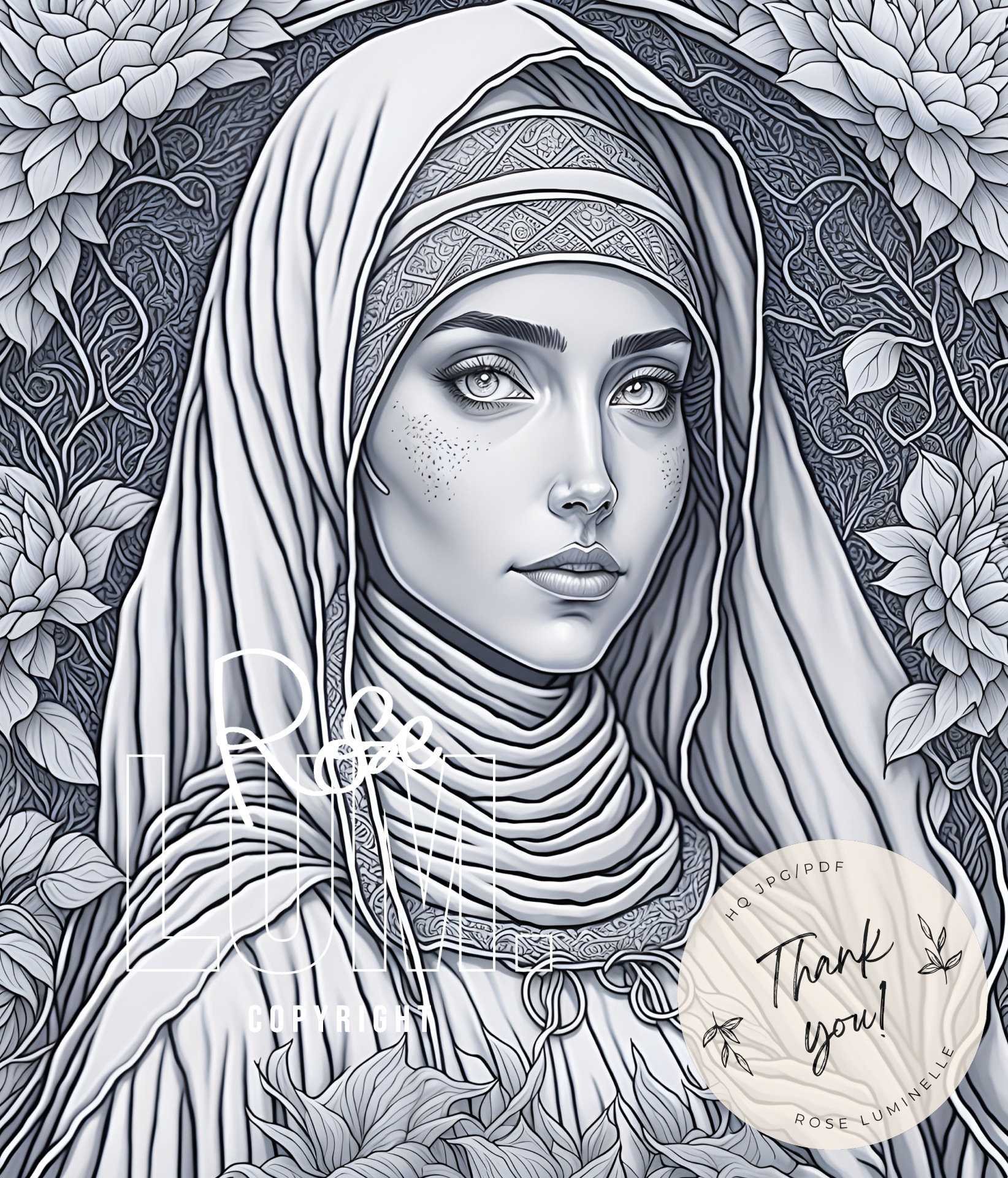 The Nun Coloring Page for Adults Printable Coloring Grayscale Coloring