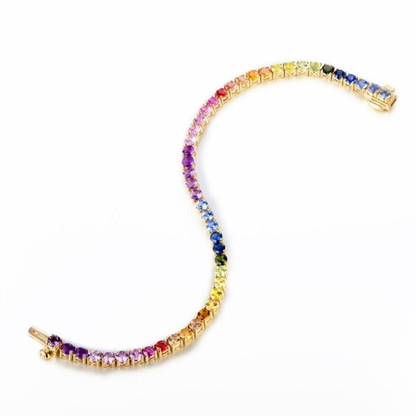 18k Rainbow Sapphire Bracelet,Multi-Color Sapphire Tennis Bracelet,Natural Sapphire Round Rainbow Tennis Bracelet,Gradient Ombre Bracelet.