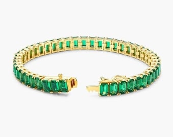925 Silver Lab Emerald Tennis Bracelet: Baguette Prong Setting