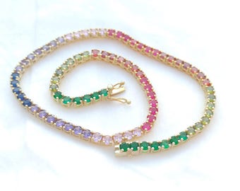 925 Silver Lab Sapphire Tennis Necklace: Multi-Color Gemstone