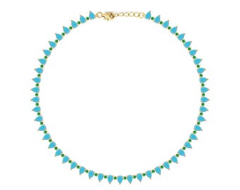 Lab Turquoise & Emerald Tennis Necklace: 925 Sterling Silver, Gold Family