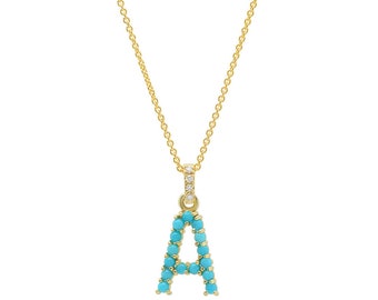 Joyería de turquesa de 18k, collar de turquesa, collar con inicial de turquesa, collar con nombre en oro, joyería personalizada, collar con nombre, collar con letra