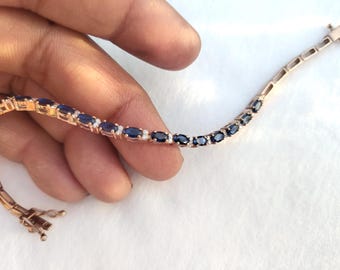 18k Gold Plated Lab Sapphire Tennis Bracelet: 925 Sterling Silver