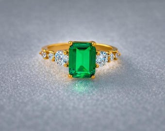 18k Gold Plated Silver Lab Emerald Engagement Ring,Emerald Cut Green Gemstone Ring in Gold, Diamond Accent Ring, May Birthstone Gift for Her