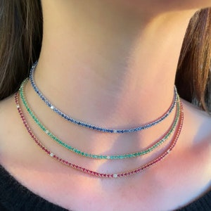 Emerald CZ Tennis Necklace: 925 Silver, 14k Gold, Green Stone