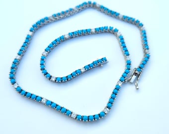 18k Gold Plated Lab Turquoise Tennis Necklace: Sterling Silver December Birthstone