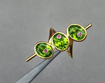 18k Gold Plated Peridot Ring: Sterling Silver Dainty Three Stone Ring