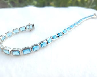 925 silver Lab Aquamarine 6x4 Octagon Bracelet,Tennis Bracelet,March Birtstone,Aquamarine Bracelet,Aquamarine Jewelry,Gold Bracelet Gift for
