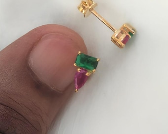 Lab-oorbellen smaragd en robijn: 18k vergulde zilveren oorringen