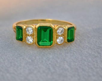 18k Gold Plated Silver Lab Emerald Cut Green Stone Gold Ring with Diamonds | Vintage Style Statement Ring | Handmade Fine Jewelry