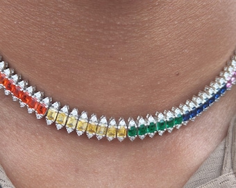 925 Silver Gold Plated Sapphire Tennis Necklace: Octagon Gemstone, Birthstone Gift