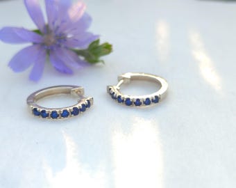 925 Silver Lab Blue Sapphire Huggie Earrings: 14K Gold Plated Hoops