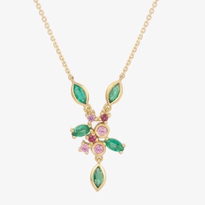 925 Silver Lab Emerald & Pink Sapphire Necklace: Vintage Style