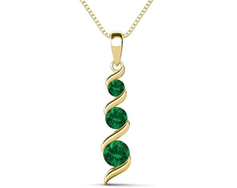 14 gold plated Gold Lab Emerald Pendant,Three Stone Pendant,Drop Pendant, journey pendant,Trilogy Pendant,Gold Vermil Pendant gift for her