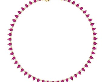 925 Silver Lab Ruby Tennis Necklace: Yellow Gold, Dainty Red Crystal