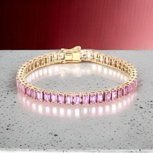 925er Silber Lab Pink Saphir Achteck (5 x 3 mm) Tennis Armband,14K Vergoldetes Lab Sapphire Armband, Lab Sapphire Armband, Valantine Tennis