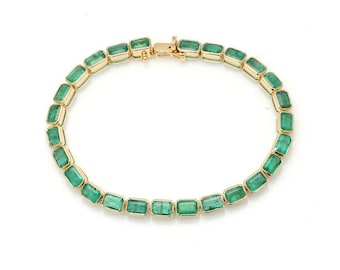 925 Sterling Silver Lab Emerald Tennis Bracelet - 14K Gold Finish
