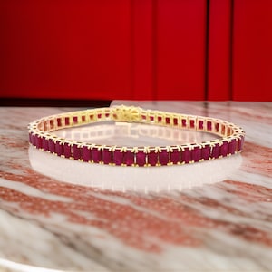 925 SilverLab Ruby Baguette Tennis Bracelet,14k Gold Plated Lab Ruby Baguette Bracelet,Ruby Tenis Bracelet,July Birthstone Bracelet,Gift For