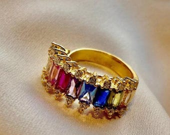 18k Gold Plated Rainbow Sapphire Ring: 925 Silver Band, White Zircon