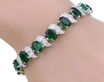 Lab Emerald Tennis Bracelet: 925 Sterling Silver Bezel Set