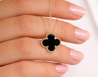 14 gold plated Dainty Clover Necklace in Solid 925 Sterling Silver,Petite Black Onyx Lucky Pendant, Minimalist Gift for Her