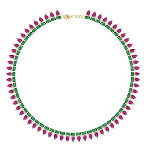 925 Lab Smaragd Achteck mit Lab Rubin Birne Tennis Halskette, Gelbgold überzogene Lab Smaragd Tennis Halskette, handgemachte Halskette Geschenk für