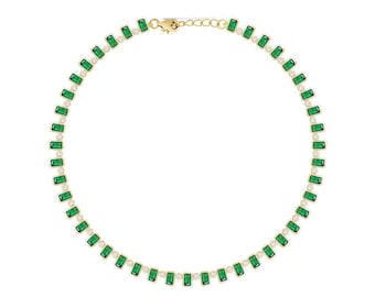 Lab Emerald Octagon Tennis Necklace: 18k Gold Plated Sterling Silver