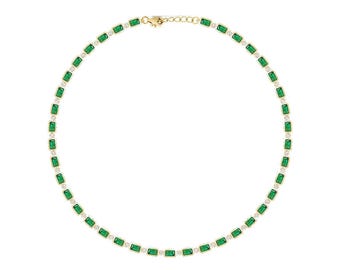 925 Silver Lab Emerald Octagon Tennis Necklace: 14k Gold Plated, Vintage Style