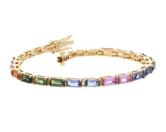 925 Silver Rainbow Sapphire Bracelet: Multi-Color Octagon Tennis Bracelet