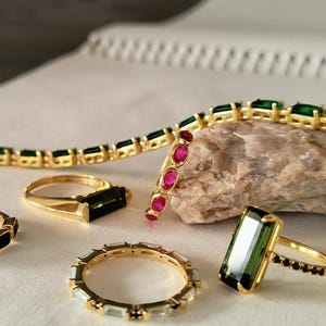 18k Green Tourmaline Baguette Ring, Tourmaline wedding band,October birthstone ring,Tourmaline Stacking Ring,Dainty 14K Gold Ring,Gift For