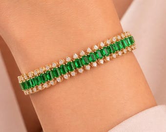 925 Silver Lab Emerald Tennis Bracelet: Handmade Square Green Gem