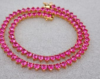 925 silver with white rhodium Pink Heart 4mm Gemstone Tennis Necklace,dainty necklace,layring gemstone gift
